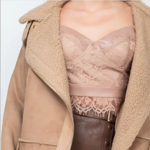 TAUPE BROWN FAUX FUR SUEDE MOTO JACKET BIKER COAT - Picture 4 of 14